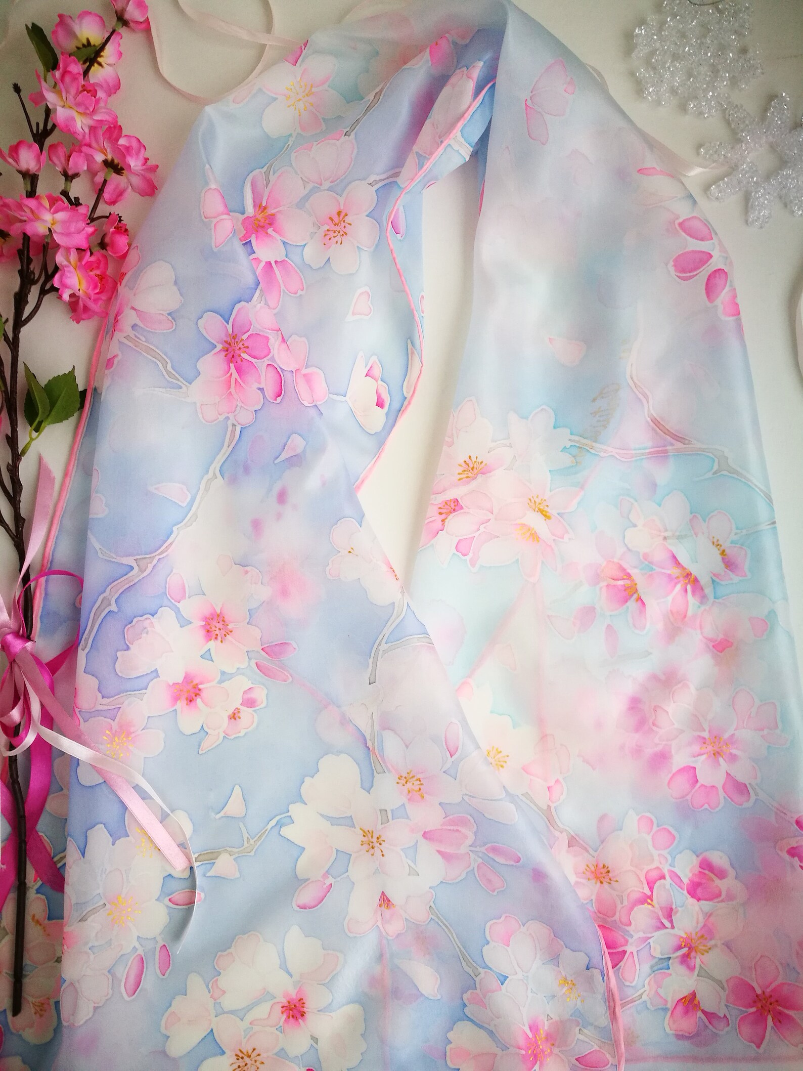 Hand Painted Cherry Blossom Silk Scarf: Light Floral Shawl - Etsy