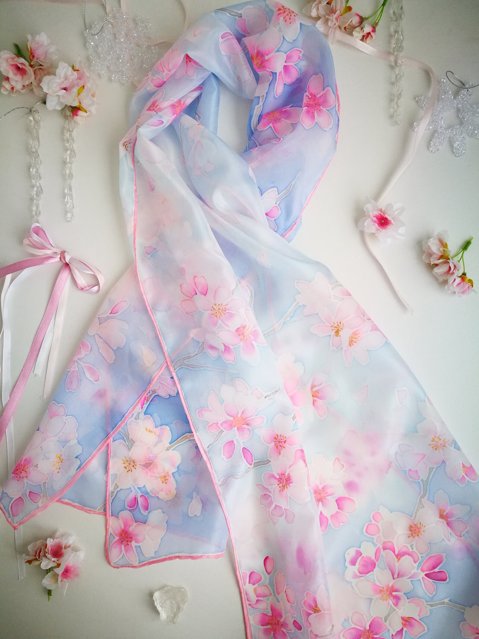 Hand Painted Cherry Blossom Silk Scarf: Light Floral Shawl - Etsy