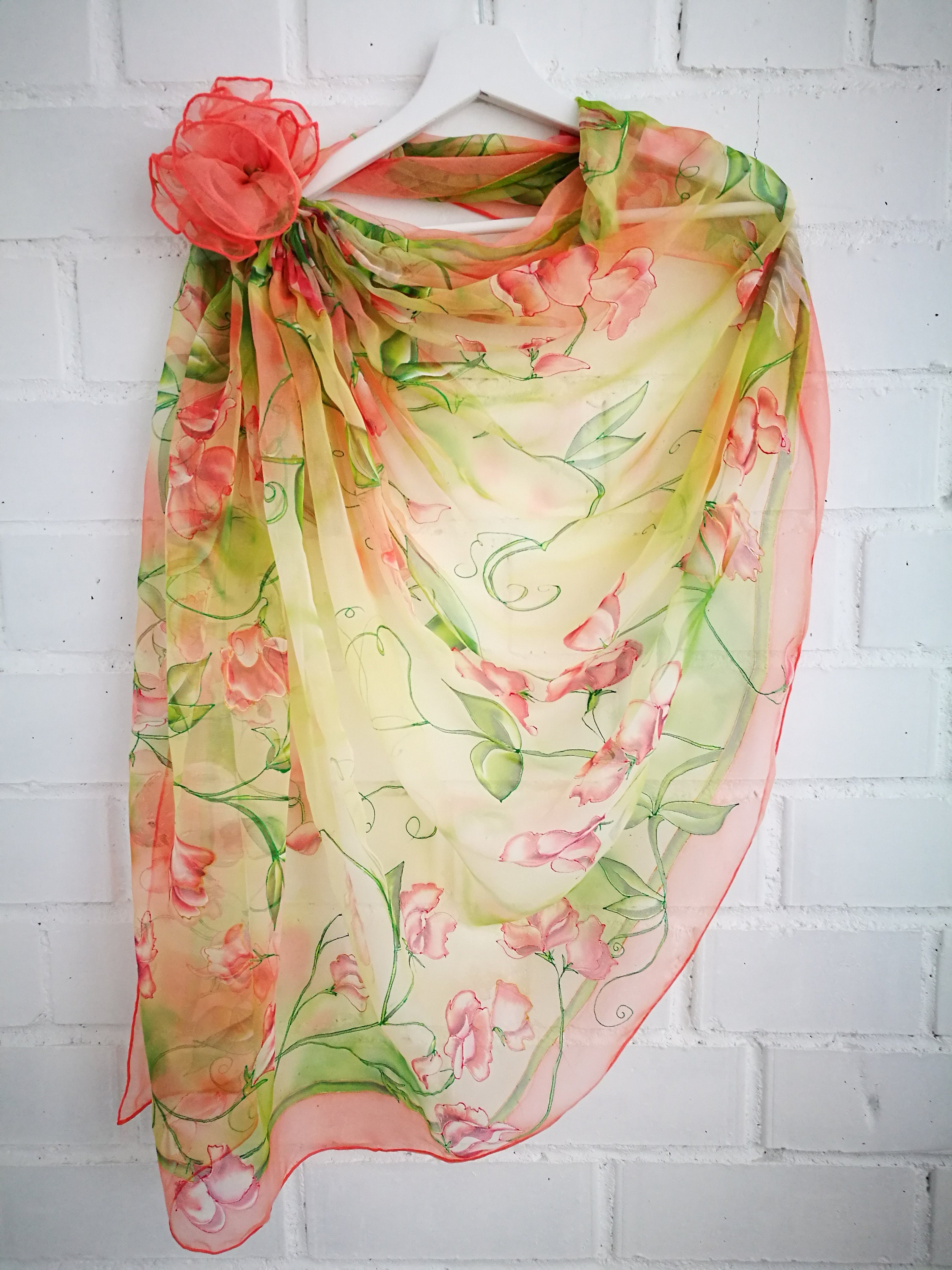 Hand Painted Silk Chiffon Scarf Sweet Peas and English Robins - Etsy