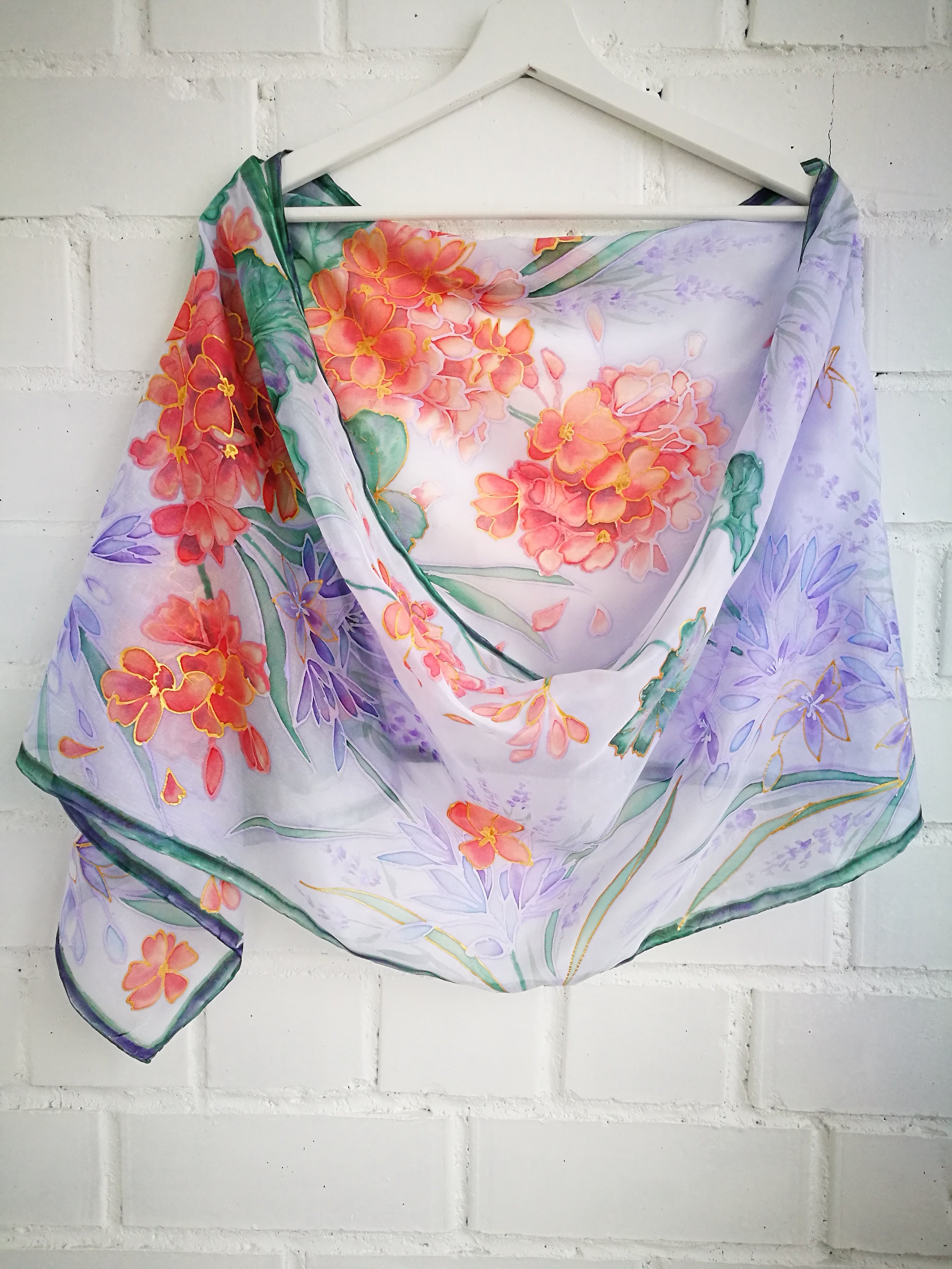 Hand Painted Silk Scarf geranium Brodiaea cluster Lily Etsy