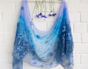 Hand-Painted Blue Silk Scarf:  Cornflowers
