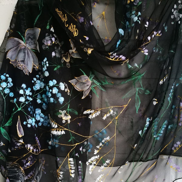 Hand painted Black silk chiffon scarf- Sea lavenders and Baby's breath flowers shawl-Floral Black gold white wrap- Limonium gypsophila rose