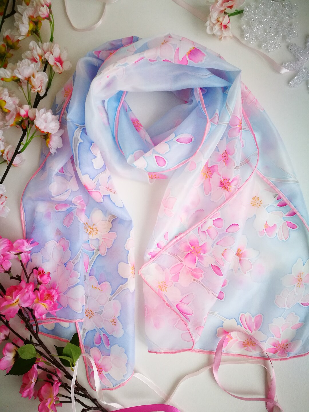 Hand Painted Cherry Blossom Silk Scarf: Light Floral Shawl - Etsy