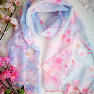 Cherry blossom hand painted silk scarf- Pink sakura blue sky scarf- Light long floral silk shawl- Flowering tree wrap- Spring wedding scarf