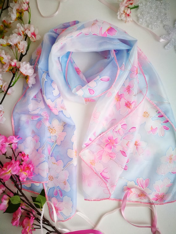 Hand painted silk scarf. Pink floral silk scarf. Painted silk