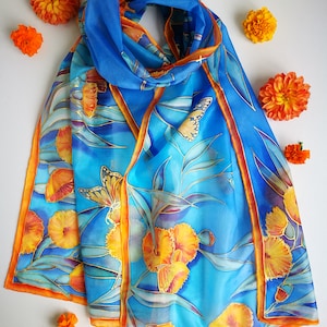 Orange blue hand painted silk scarf- Eucalyptus flower shawl-gum tree blossom wrap- floral silk scarf-flowers and butterfly scarf