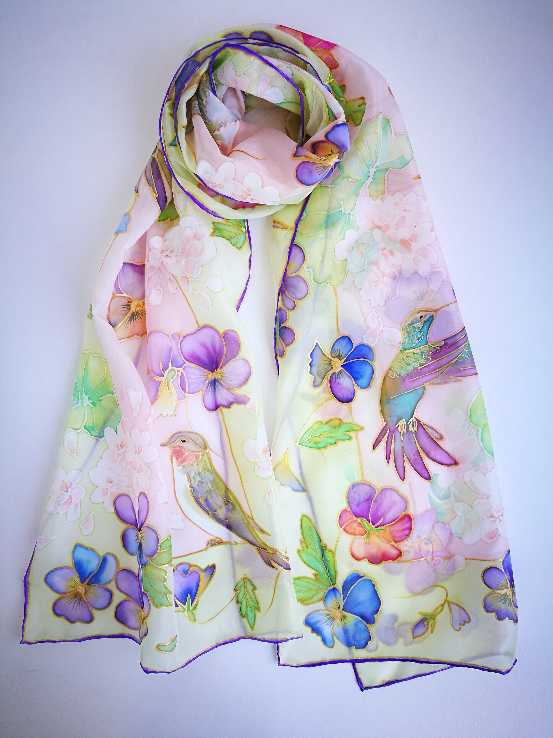 Hand Painted Silk Scarf Pansies Geraniums Humming Birds Pale Etsy