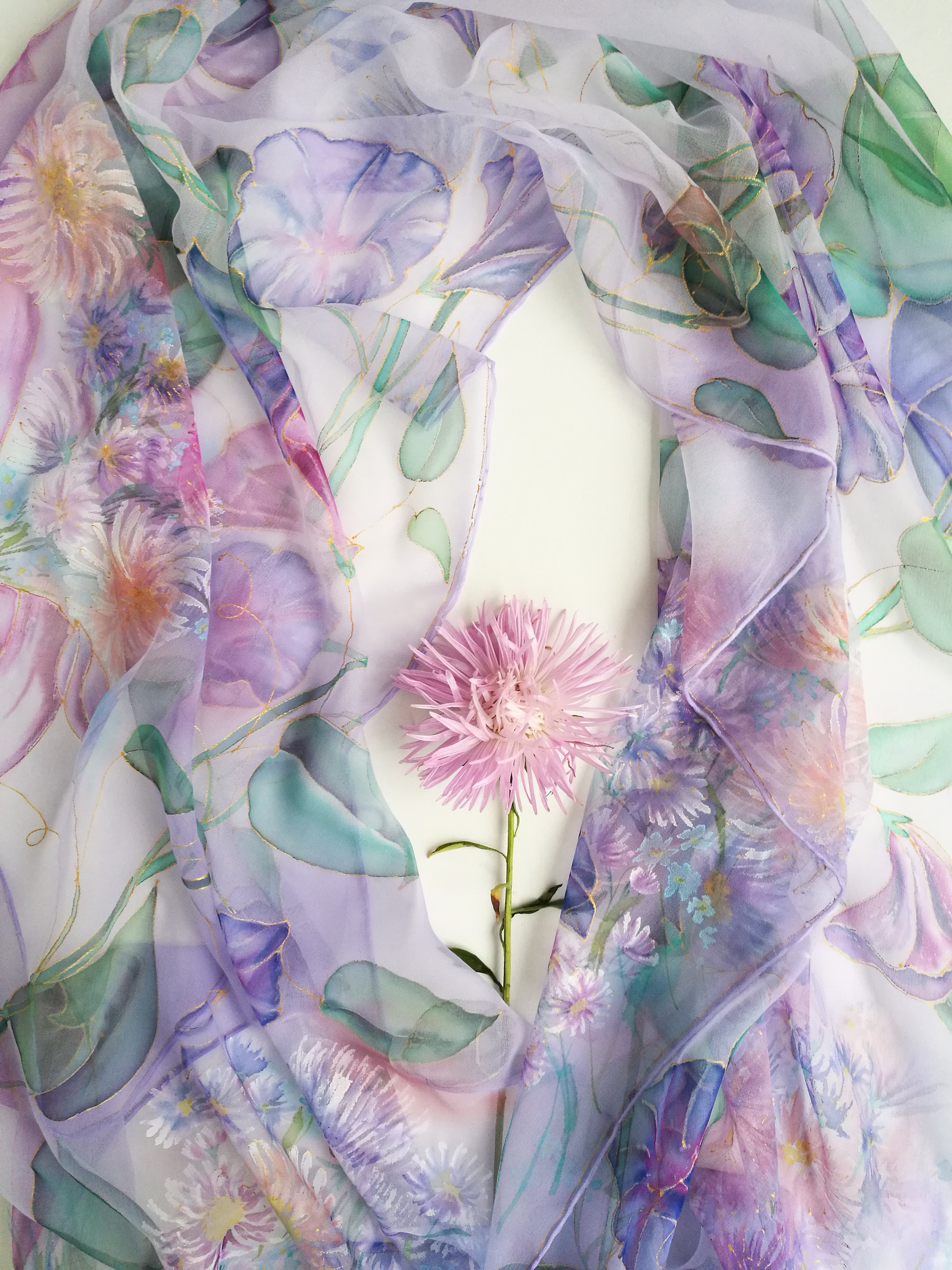 Hand Painted Silk Chiffon Scarf: Aster Morning Glory Floral Shawl