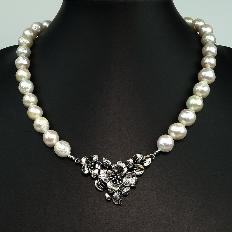 Pearl jewelry baroque pearls Pearl Necklace with Floral Sterling Focal MN1887