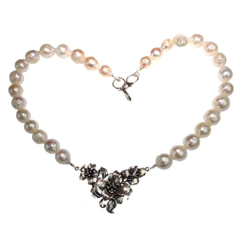 Pearl jewelry baroque pearls Pearl Necklace with Floral Sterling Focal MN1887