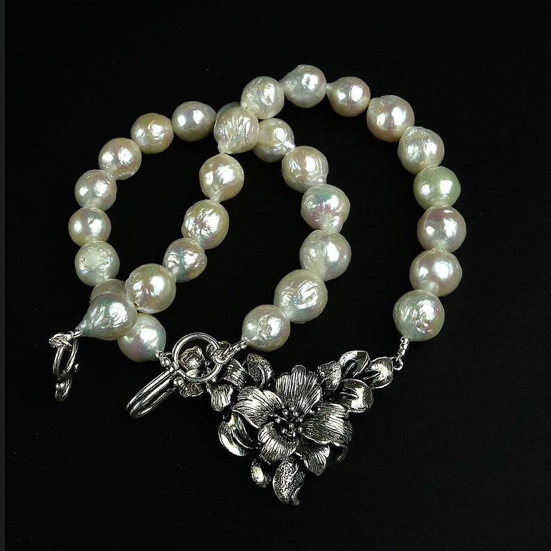 Pearl jewelry baroque pearls Pearl Necklace with Floral Sterling Focal MN1887