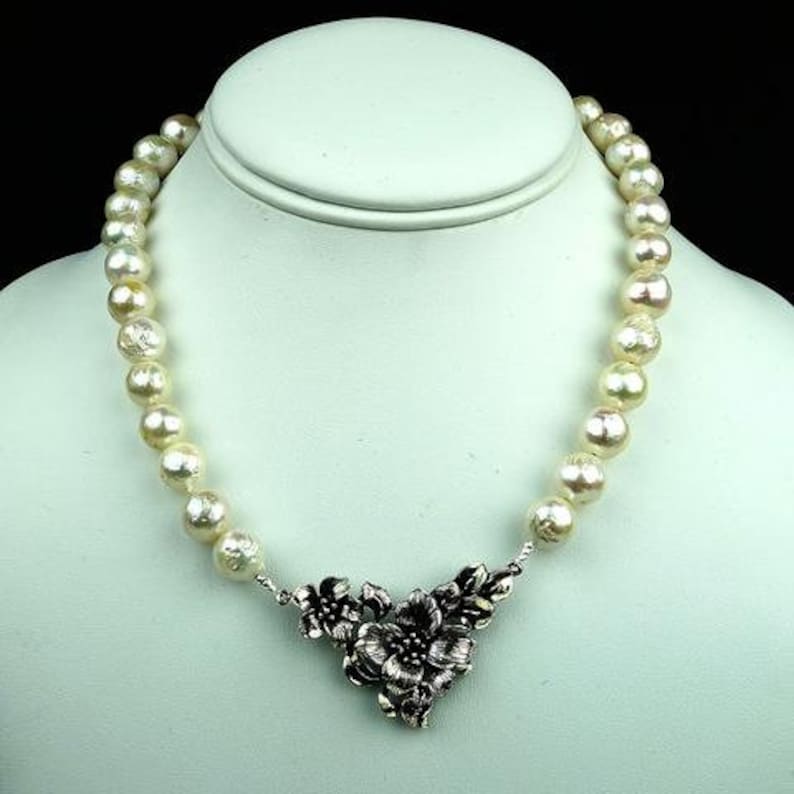 Pearl jewelry baroque pearls Pearl Necklace with Floral Sterling Focal MN1887