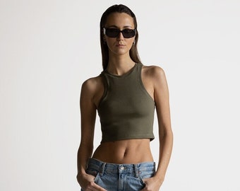 Khaki ribbed sleeveless crop tank top, Organic cotton crop top, Green top for women