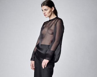 Sheer Blouse, BDSM Clothing, Sheer Top, See Through Top, Black Mesh Top, Fetish Top, Black Sexy Top, Long Sleeved Blouse, Black Blouse