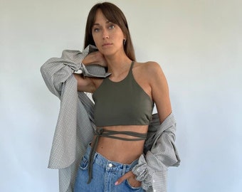 Khaki backless tie crop top, Everyday crop top, Pilates, yoga top