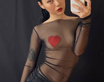 Black Mesh Top, Tulle Transparent Blouse, Sheer See Through Shirt