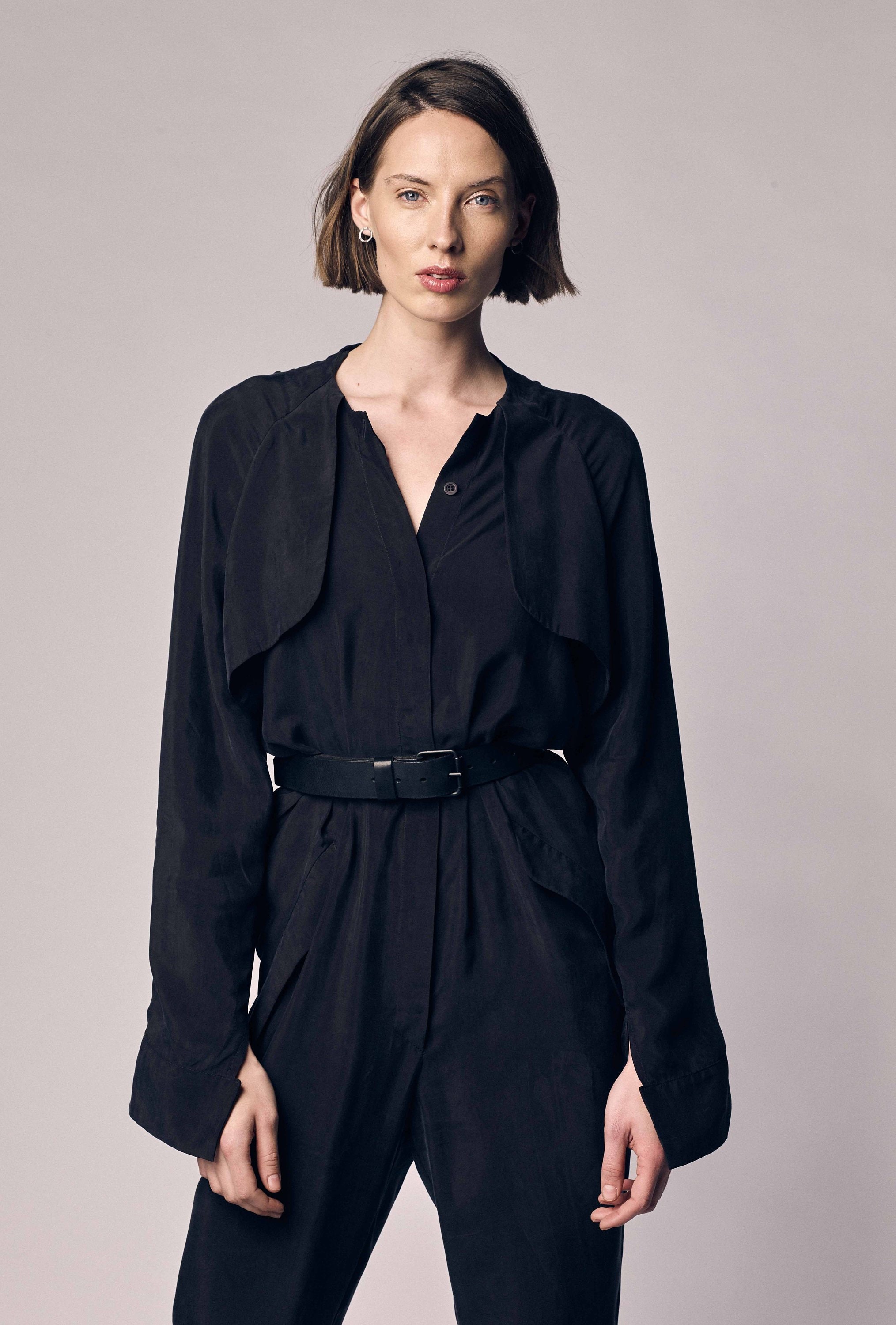 Black Cupro Fabric Jumpsuit / Long Sleeve Jumpsuit / Black | Etsy