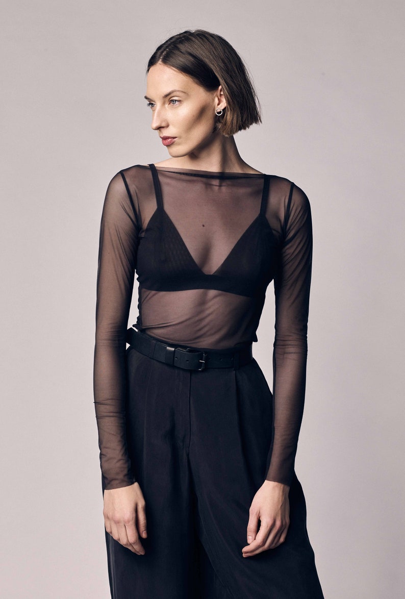 Black Mesh Top, Tulle Transparent Blouse, Sheer See Through Shirt image 4