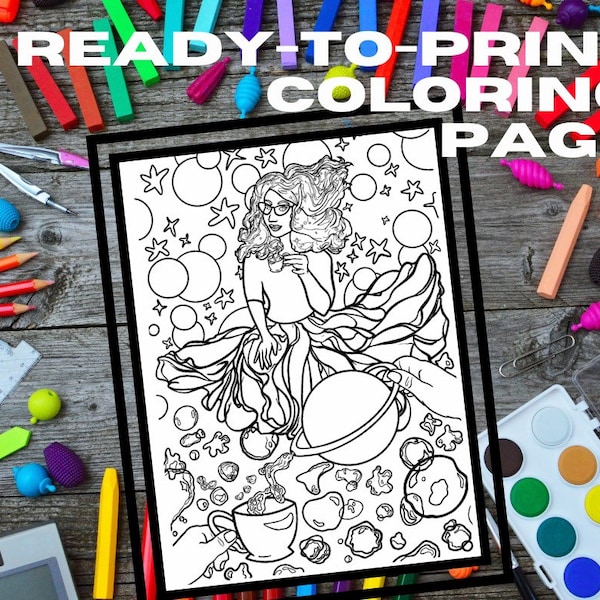 Printable "Star Sippin'" Coloring Page | Galaxy outer space stars science geekgirl tea coffee astronaut gift digital download JPG PDF color