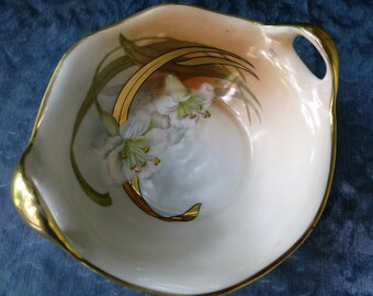 Hand Painted Bavarian Lilies Bowl - German Porcelain - Marked and Artist Signed - Beautiful Gold Trim - Excellent Condition