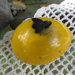 Pu&ograve; includere: Un uovo giallo con una mosca di plastica nera sopra. L'uovo &egrave; su una superficie di uncinetto bianca.