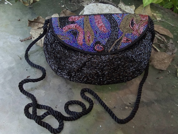 Beaded Evening Bag - Vintage Dress Purse - Black … - image 1