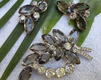 Vintage Rhinestone Brooch & Earring Set: Silver Costume Jewelry