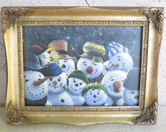 Cute Snow Men in Fabulous Quality Picture Frame - Winter Print - Excellent Condition