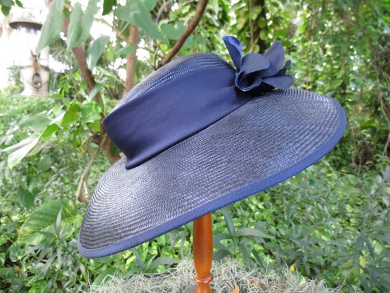 Deep Blue Straw Hat - Vintage English Staw Hat - N