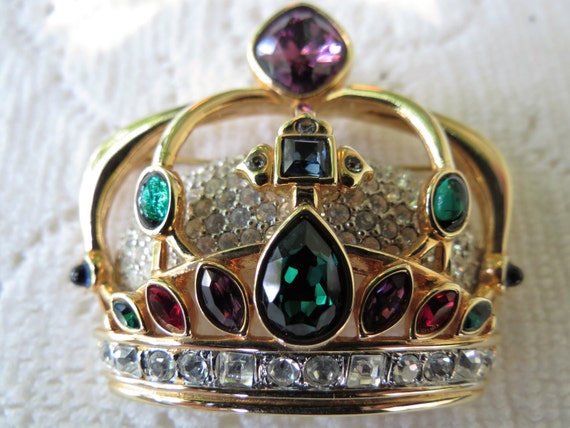 Swarovski Crown Pin - Signed Rhinestone Crown Broo