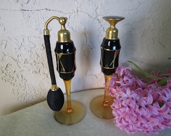 Art Deco Black & Gold Perfume Bottle Set - Vintage Glass Atomizers