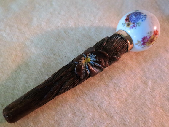 Umbrella Handle - Carved Wood and Hand Painted Po… - image 1