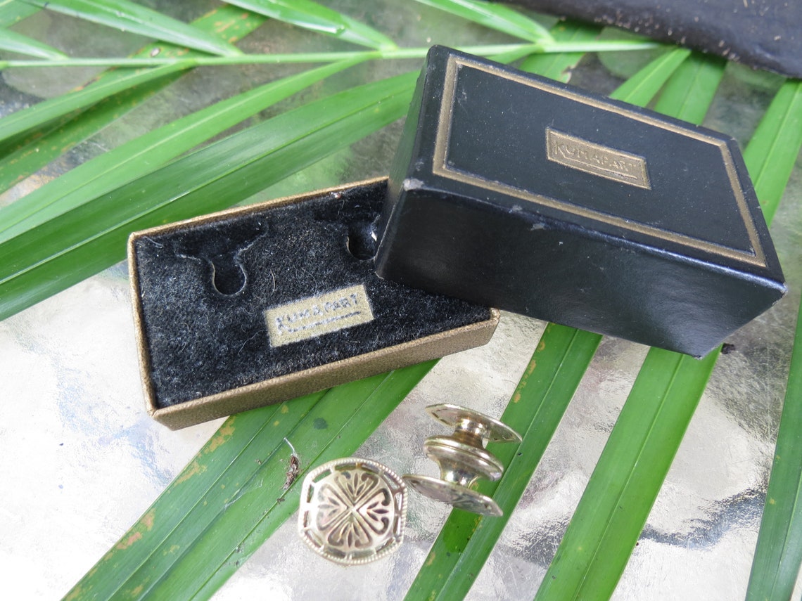 Boutons De Manchette Vintage Kum-A-Part - Émaillés Rayures Violettes Et Dorées - Brevet 1923 - Occasion