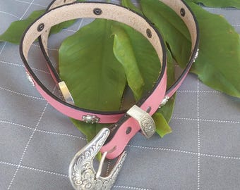 Vintage Hand Tooled Pink Leather Concho Belt: Size 38