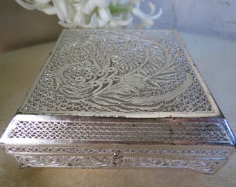 Thailand Silver Filigree Box - Antique Trinket Box - Marked "Silver" - Great Condition