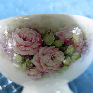 Puede incluir: Una taza de t&eacute; de porcelana blanca con base de pedestal. La taza est&aacute; decorada con un dise&ntilde;o floral pintado a mano con rosas rosas, flores moradas y hojas verdes. El fondo es un verde suave.