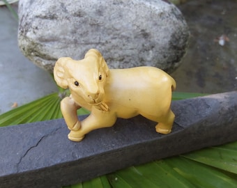 Carved Boxwood Ram Figurine – 20th Century Light Wood Sculpture