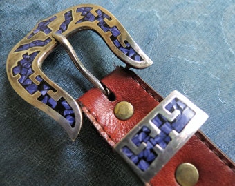 Inlaid Charoite Sterling Silver Belt Buckle Set - Mexican Taxco