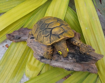 Carved Turtle Figurine - Tortoise on Driftwood Statue - Charming South Pacific Art - Excellent Condition