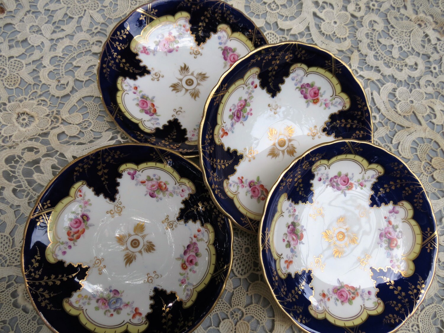Four Cobalt Blue Dessert Plates Hand Painted Porcelain Set Etsy