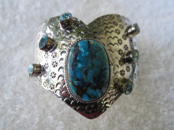 Big Turquoise Bracelet - Sterling Silver Cuff - S… - image 1