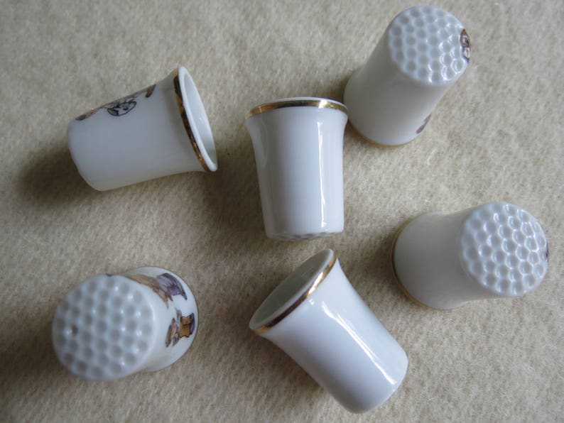 Charming Norman Rockwell Children Sewing Thimble Set of 6 Porcelain Thimbles