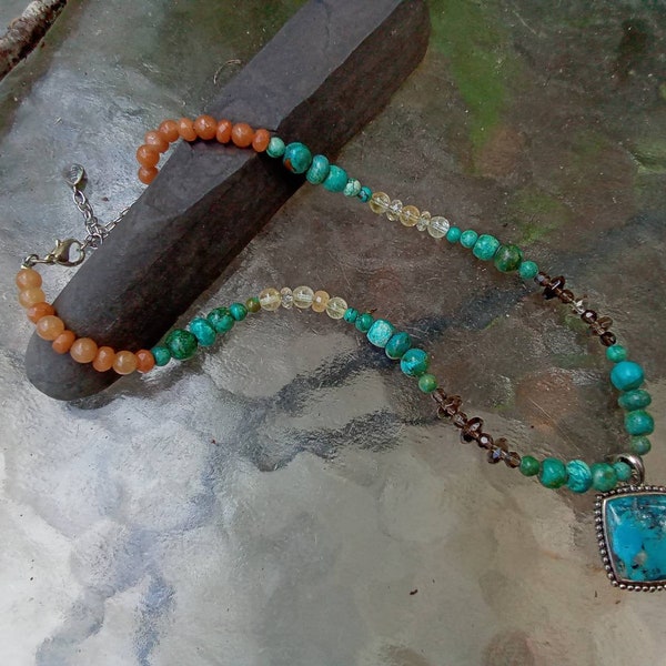 Barse Thailand Bead Necklace - Turquoise, Agate, Topaz, & Quartz Beads -  17" - Excellent Condition