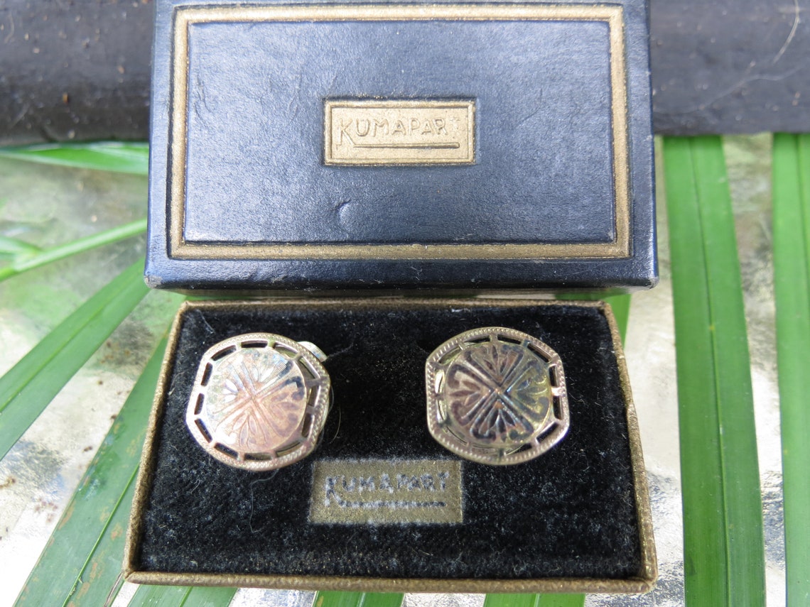 Boutons De Manchette Vintage Kum-A-Part émaillés Violets Et Dorés - Modèle 1923
