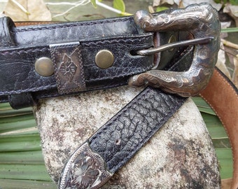 Sterling Silver Ranger Belt Buckle Set - Black Leather Belt - Southwest Belt Buckle - Mexican Silver - Wonderful Condition