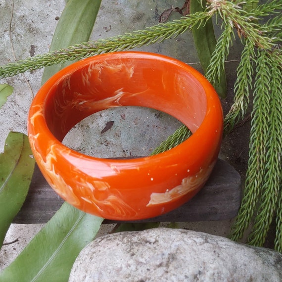 Polo Bangle Bracelet - Redish Orange Swirl Lucite… - image 4