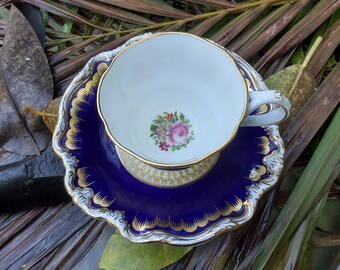 George Jones and Son English Bone China Tea Cup and Saucer Set - Demi Tasse - Cobalt Blue & Gold Hand Decorated - Excellent Condition