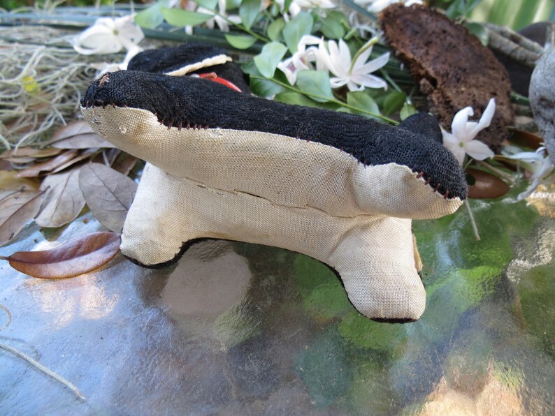May include: A handmade stuffed toy shaped like an orca whale. The toy is primarily black and off-white, with red stitching details. The orca is resting on a glass surface, with foliage in the background.