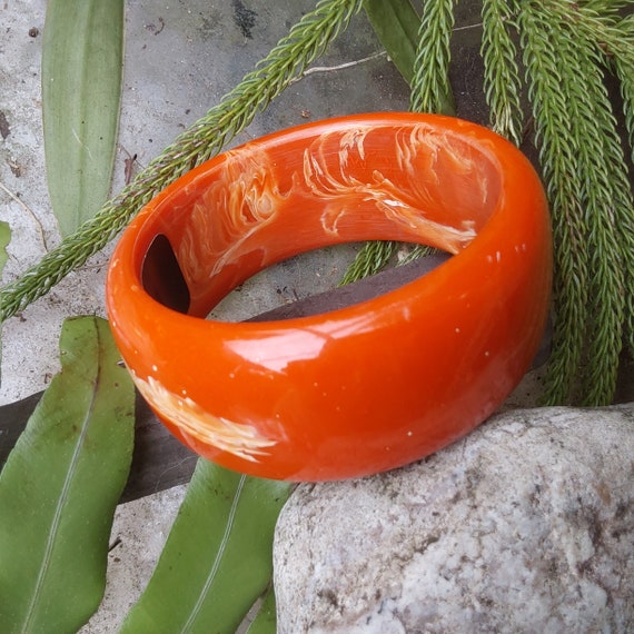 Polo Bangle Bracelet - Redish Orange Swirl Lucite… - image 5