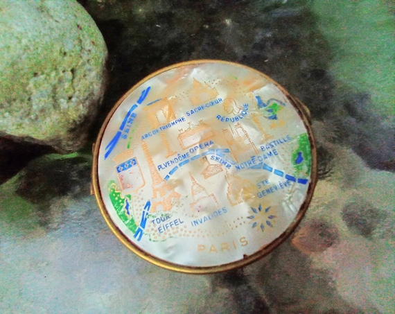 Paris Faux Mother of Pearl Powder Compact - Vinta… - image 1